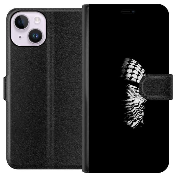Apple iPhone 15 Tegnebogsetui Keffiyeh-mønster - klassisk sort-hvid palæstinensisk tørklæde med kulturel betydning