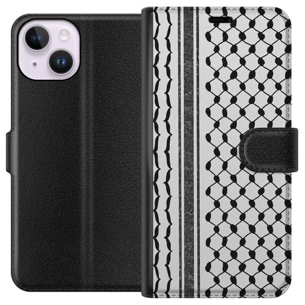 Apple iPhone 15 Tegnebogsetui Palæstinensisk mønster - inspireret af traditionel stil keffiyeh-stof