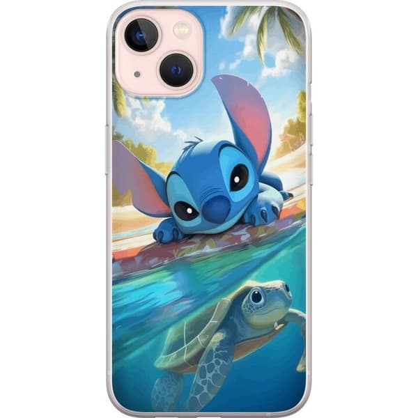 Apple iPhone 13 mini Gennemsigtig cover Stitch med skildpadde - sød blå alien i tropisk strandmiljø fra Disney