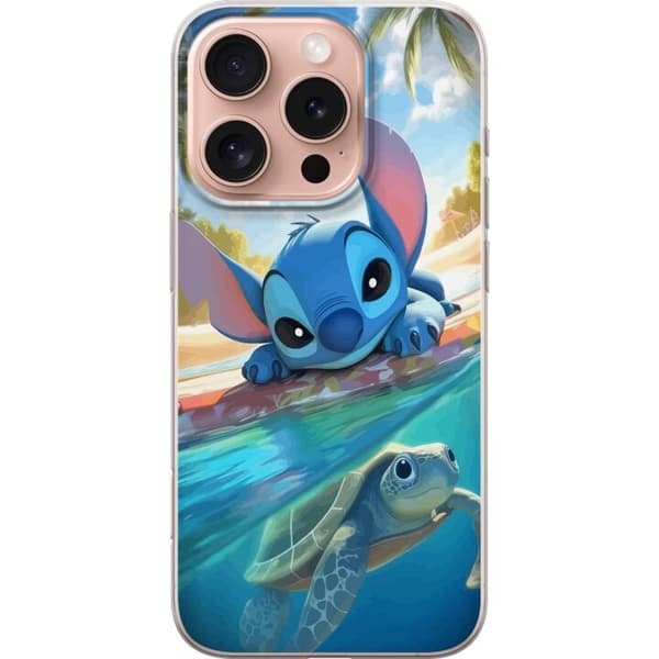 Apple iPhone 16 Pro Gjennomsiktig deksel Stitch med skilpadde - søt blå alien i tropisk strandmiljø fra Disney