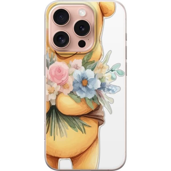 Apple iPhone 16 Pro Genomskinligt Skal Nalle Puh med blommor – klassisk barnfavorit i blommande vårmiljö