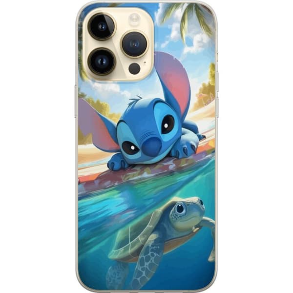 Apple iPhone 14 Pro Max Läpinäkyvä kuori Stitch kilpikonnalla - söpö sininen avaruusolento trooppisessa rantaympäristössä Disneyn tapaan