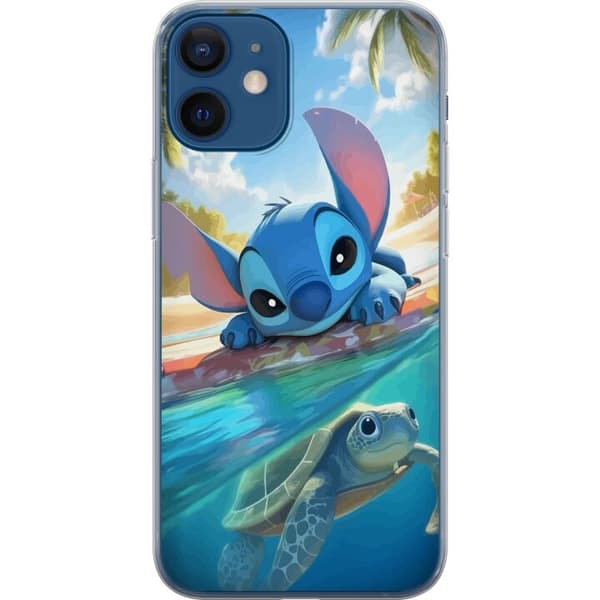 Apple iPhone 12 Gennemsigtig cover Stitch med skildpadde - sød blå alien i tropisk strandmiljø fra Disney