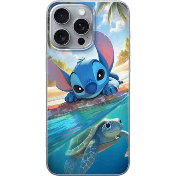 Apple iPhone 16 Pro Max Läpinäkyvä kuori Stitch kilpikonnalla - söpö sininen avaruusolento trooppisessa rantaympäristössä Disneyn tapaan