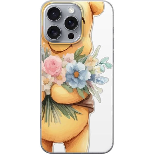 Apple iPhone 16 Pro Max Gennemsigtig cover Nalle Puh med blomster - klassisk børnefavorit i en blomstrende forårs miljø