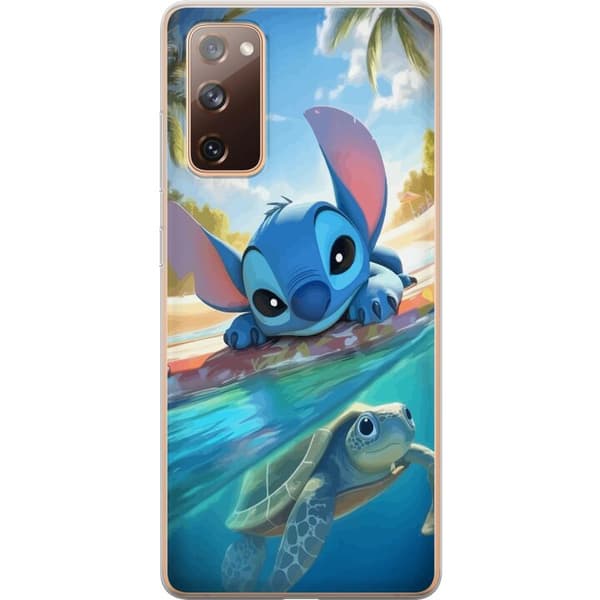 Samsung Galaxy S20 FE Genomskinligt Skal Stitch med sköldpadda – söt blå alien i tropisk strandmiljö från Disney