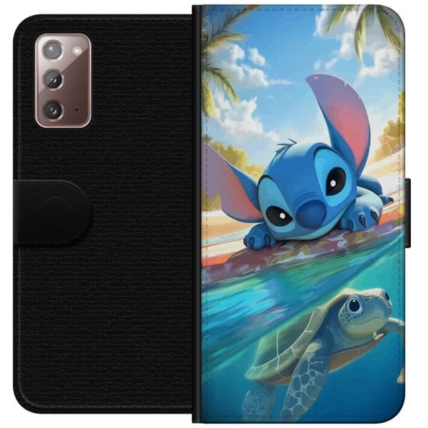 Samsung Galaxy Note20 Tegnebogsetui Stitch med skildpadde - sød blå alien i tropisk strandmiljø fra Disney