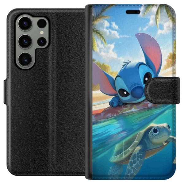Samsung Galaxy S23 Ultra Tegnebogsetui Stitch med skildpadde - sød blå alien i tropisk strandmiljø fra Disney