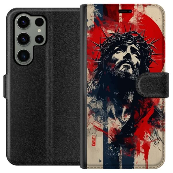 Samsung Galaxy S23 Ultra Tegnebogsetui Jesus med kors - kristent motiv med stærk symbolik om tro og håb