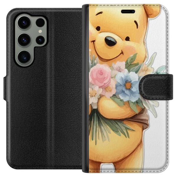 Samsung Galaxy S23 Ultra Lompakkokotelo Nalle Puh kukkien kanssa - klassinen lasten suosikki kukkivassa keväisympäristössä