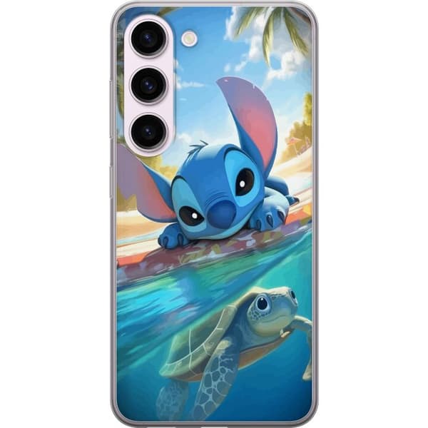Samsung Galaxy S23 Gennemsigtig cover Stitch med skildpadde - sød blå alien i tropisk strandmiljø fra Disney