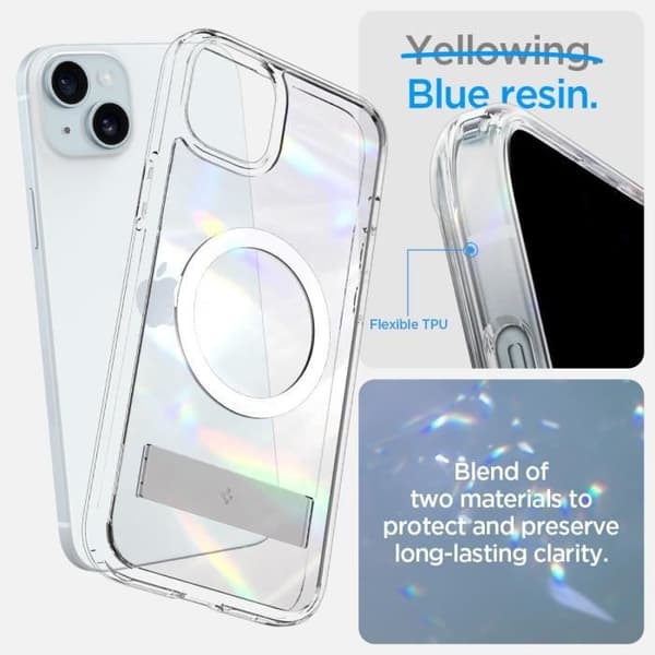 Coque Magnétique för iPhone 15 Plus med Kickstand Ställning i Bakstek PC och Bumper TPU Ultra Hybrid S MagFit - Transparent Spigen