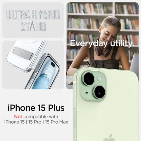 Coque Magnétique för iPhone 15 Plus med Kickstand Ställning i Bakstek PC och Bumper TPU Ultra Hybrid S MagFit - Transparent Spigen