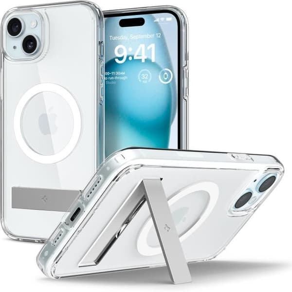 Coque Magnétique för iPhone 15 Plus med Kickstand Ställning i Bakstek PC och Bumper TPU Ultra Hybrid S MagFit - Transparent Spigen