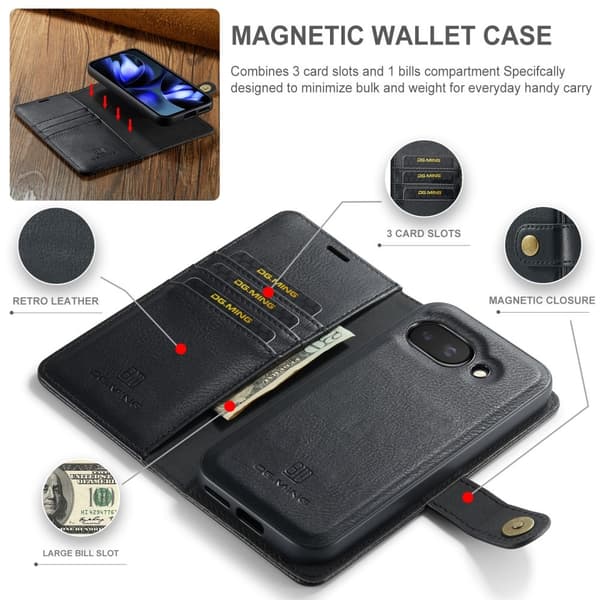 DG MING Google Pixel 9a 2-in-1 Magneetti Lompakkokotelo - Musta