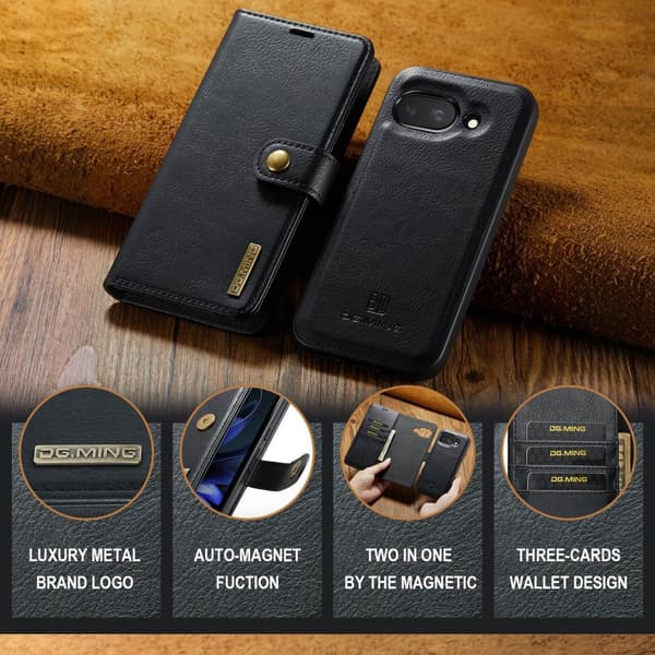 DG MING Google Pixel 9a 2-in-1 Magneetti Lompakkokotelo - Musta