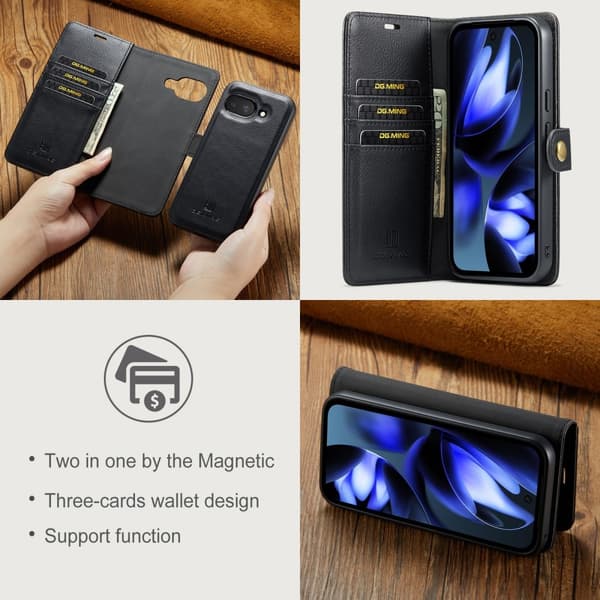 DG MING Google Pixel 9a 2-in-1 Magneetti Lompakkokotelo - Musta