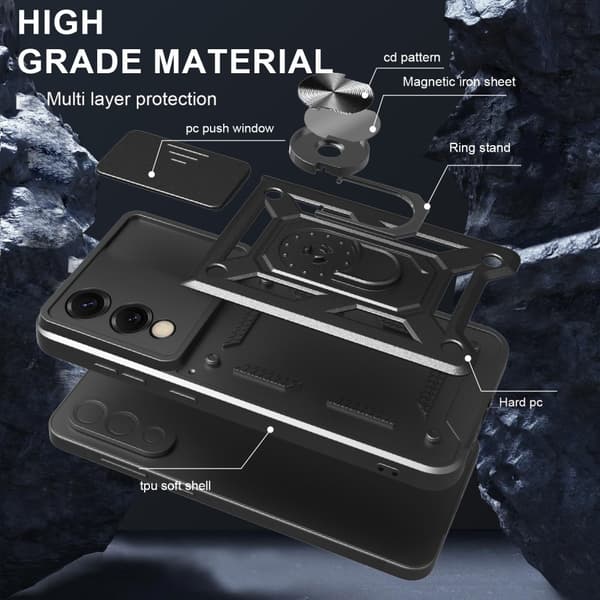 SKALO Samsung S25 Edge Armor Metallring Kameraslider Cover - Sort