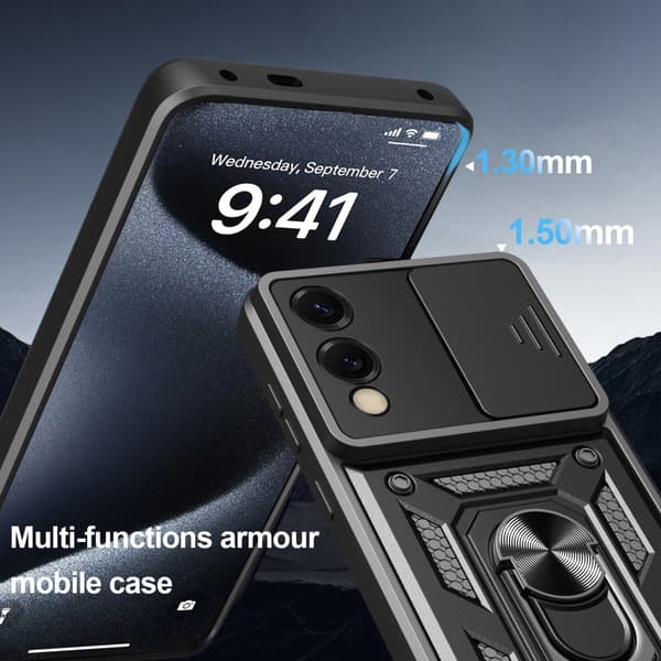 SKALO Samsung S25 Edge Armor Metallring Kameraslider Cover - Sort