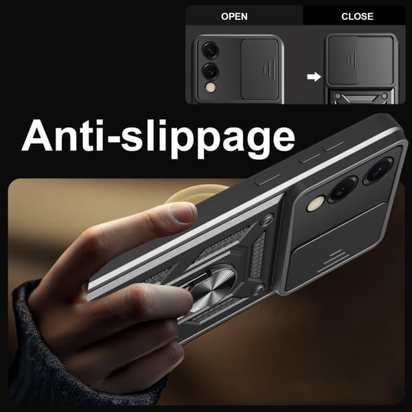 SKALO Samsung S25 Edge Armor Metallring Kameraslider Cover - Sort