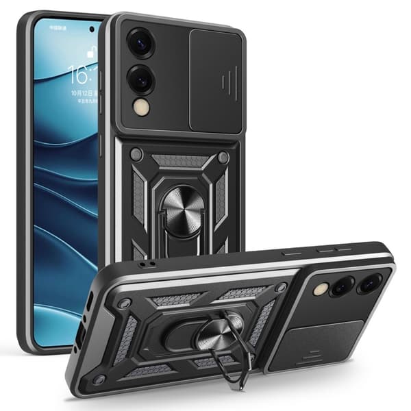 SKALO Samsung S25 Edge Armor Metallring Kameraslider Cover - Sort