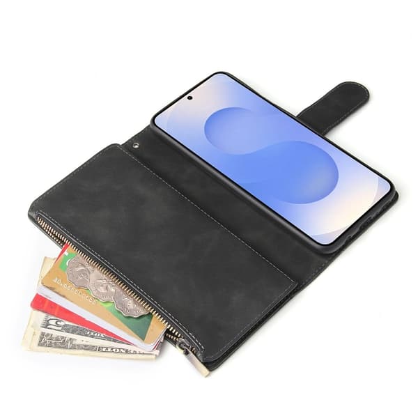 SKALO Samsung S25 Edge Zipper PU-Nahka Lompakkokotelo - Musta