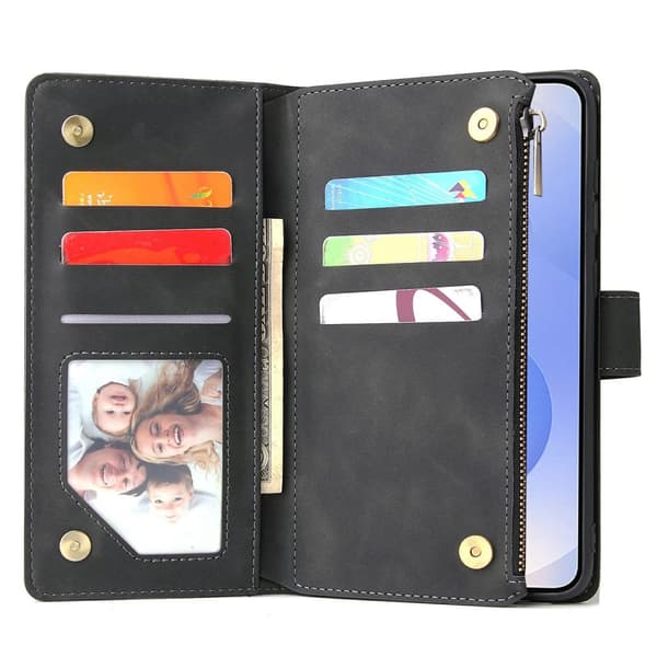 SKALO Samsung S25 Edge Zipper PU-Nahka Lompakkokotelo - Musta