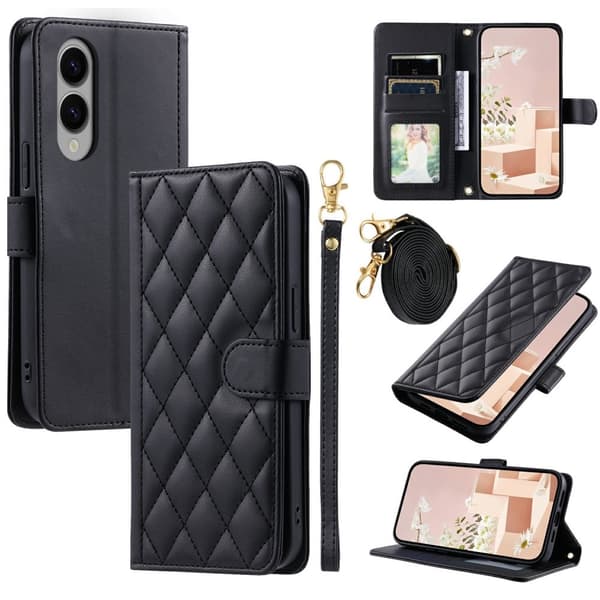 SKALO Samsung S25 Edge Quiltet Skulderrem Flip Cover - Sort