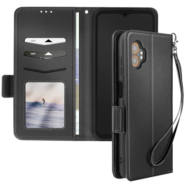 Fodral med lock för Galaxy XCover 7 Pro med handledsrem och plånboksstöd i svart