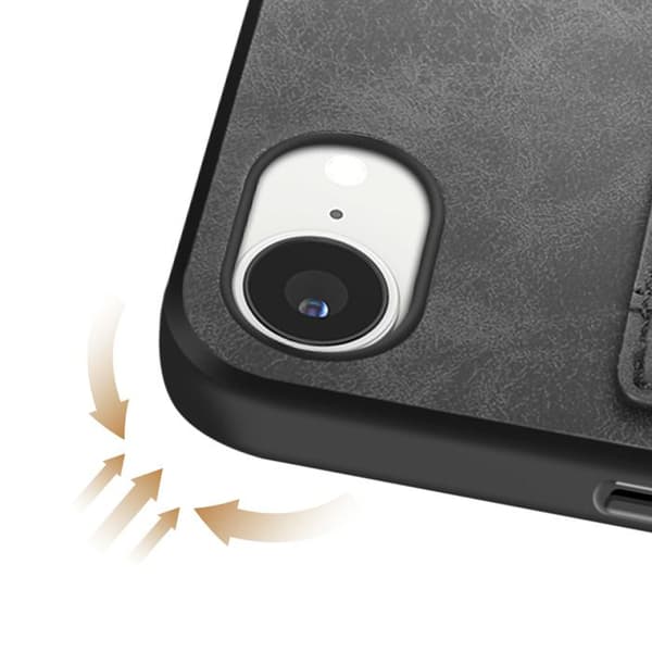 Stötabsorberande skal till iPhone 16e med kortfack i svart konstläder