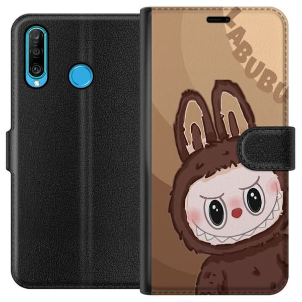 Huawei P30 lite Tegnebogsetui Labubu Skyde Sød - Hvid og Blå Design med Sød Stil