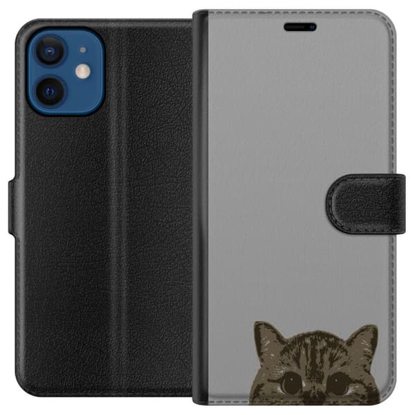 Apple iPhone 12  Tegnebogsetui Grå Katteblik - stilfuld kat design med grå baggrund