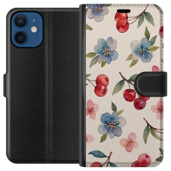 Apple iPhone 12  Tegnebogsetui Bær & Blomster - mønster med blå blomster og skovbær