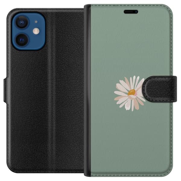 Apple iPhone 12  Tegnebogsetui Grøn Minimalblomst - stilfuld blomst på grøn baggrund