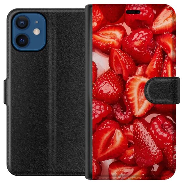 Apple iPhone 12 mini Tegnebogsetui Jordbærmønster - sødt motiv med sommerstemning