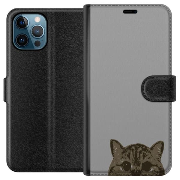 Apple iPhone 12 Pro Max Plånboksfodral Grå Kattblick – stilren kattdesign med grå bakgrund