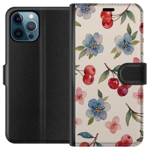 Apple iPhone 12 Pro Max Lompakkokotelo Marjat & Kukat - kuvio, jossa on sinisiä kukkia ja metsänmarjoja