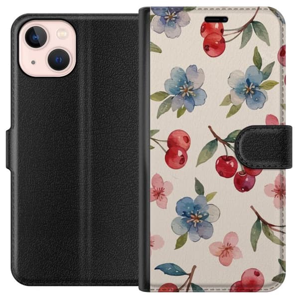 Apple iPhone 13 mini Tegnebogsetui Bær & Blomster - mønster med blå blomster og skovbær