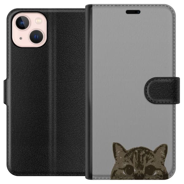 Apple iPhone 13 Tegnebogsetui Grå Katteblik - stilfuld kat design med grå baggrund