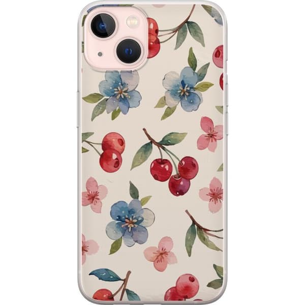 Apple iPhone 13 mini Gennemsigtig cover Bær & Blomster - mønster med blå blomster og skovbær