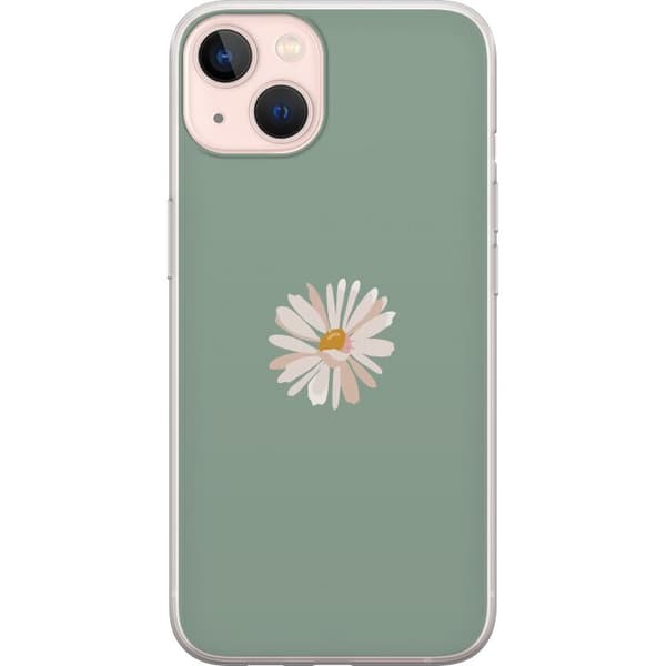 Apple iPhone 13 mini Genomskinligt Skal Grön Minimalblomma – stilren blomma på grön bakgrund
