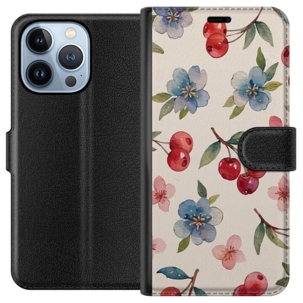 Apple iPhone 13 Pro Lommeboketui Bær & Blomster - mønster med blå blomster og skogsbær