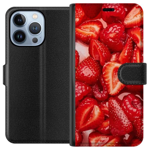 Apple iPhone 13 Pro Lompakkokotelo Mansikkakuviointi - makea motiivi kesäfiiliksellä