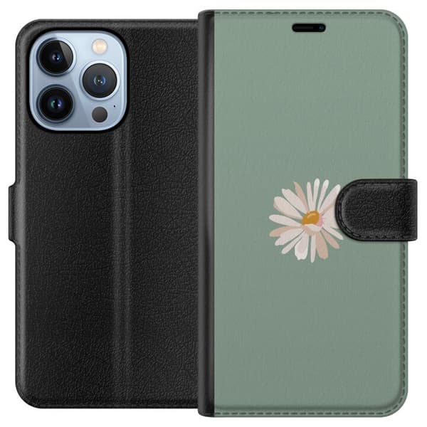 Apple iPhone 13 Pro Tegnebogsetui Grøn Minimalblomst - stilfuld blomst på grøn baggrund