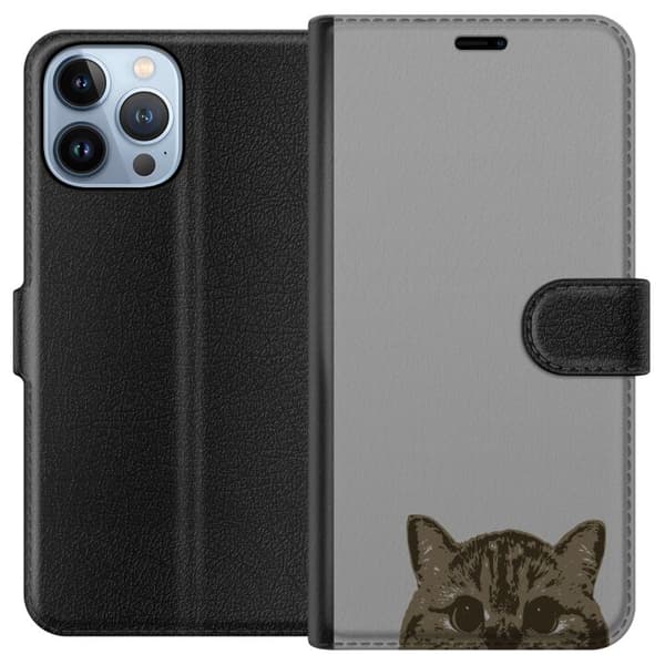 Apple iPhone 13 Pro Max Tegnebogsetui Grå Katteblik - stilfuld kat design med grå baggrund