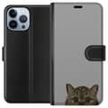 Miniatyrbillede 1 af 3: Apple iPhone 13 Pro Max Tegnebogsetui Grå Katteblik - stilfuld kat design med grå baggrund