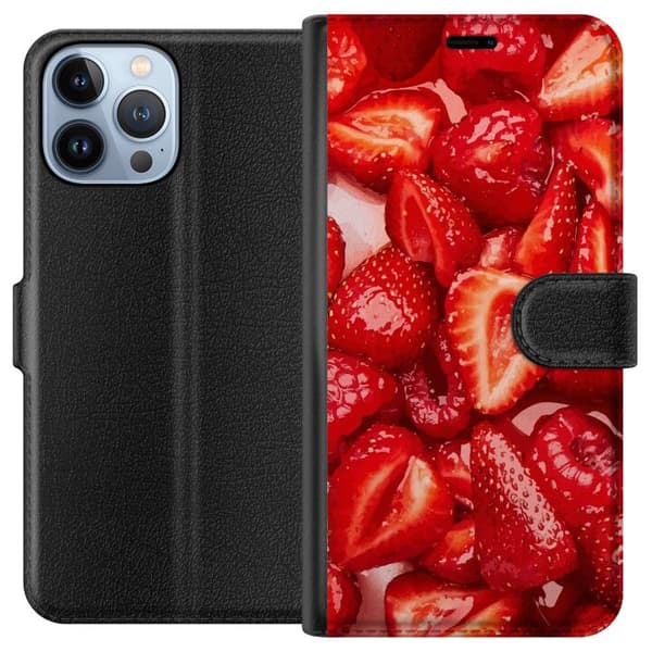 Apple iPhone 13 Pro Max Tegnebogsetui Jordbærmønster - sødt motiv med sommerstemning