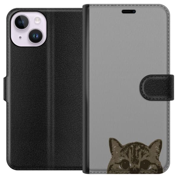 Apple iPhone 14 Tegnebogsetui Grå Katteblik - stilfuld kat design med grå baggrund