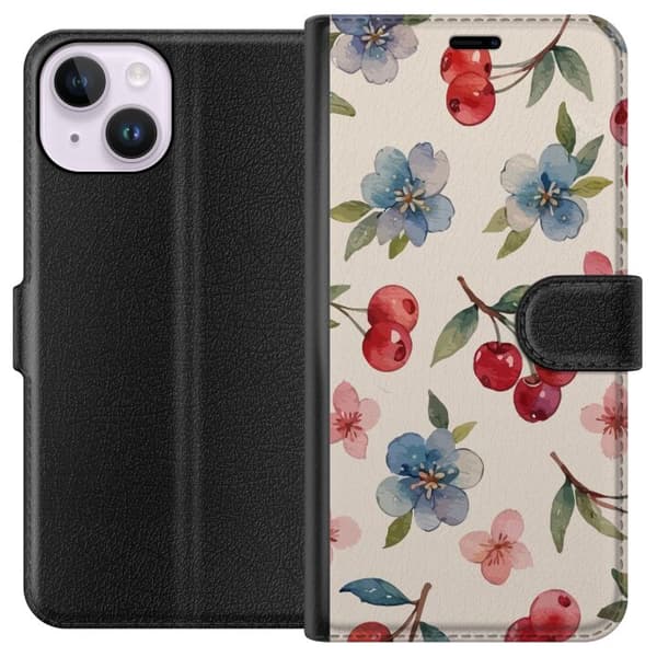 Apple iPhone 14 Tegnebogsetui Bær & Blomster - mønster med blå blomster og skovbær