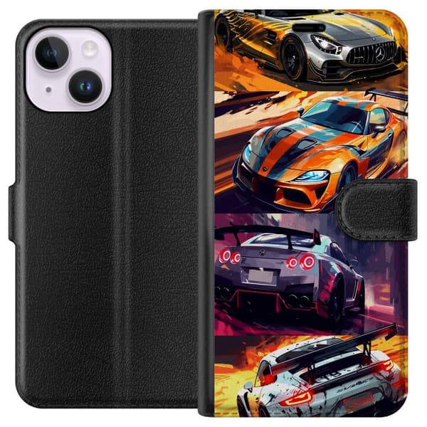Apple iPhone 14 Tegnebogsetui Rallyfeber - fartfyldt motiv med rallybiler